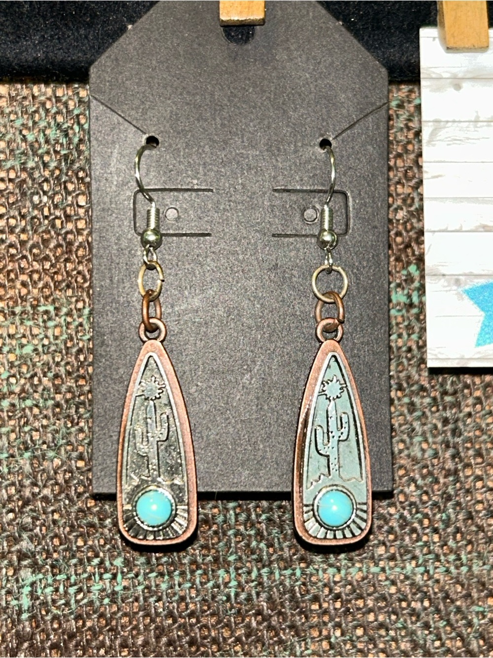Turquoise Cactus Drop Earrings - Boho Copper and Antique Silver Tone